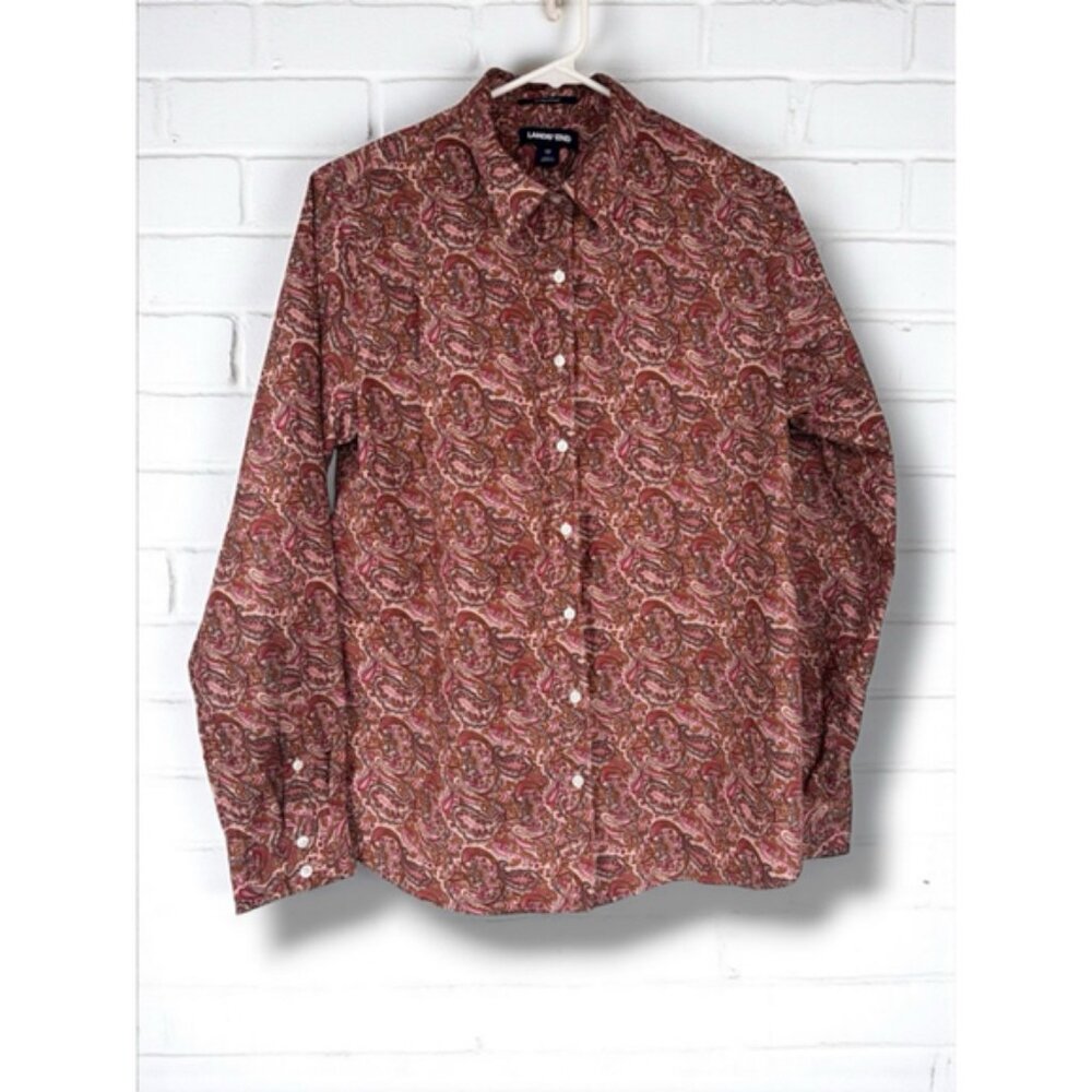 Lands' End Womens Size 12 Paisley Print Long Sleeve Button Down Shirt Retro Chic
